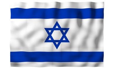 The flag of Israel. State symbol of the State of Israel. A blue Star of David between two horizontal blue stripes on a white field. 3d illustration