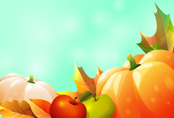 Autumn harvest, thanksgiving. Background with leaves, pumpkins and apples.