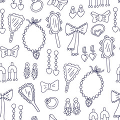 Vector doodle seamless pattern with accessories for girls isolated on white. Hand drawn ribbon bow, ring, earrings,  hand mirror, necklace. Great for fabrics, wrapping papers, wallpapers, covers.