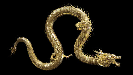 Wall Mural - full body gold dragon in bend body pose with 3d rendering include alpha path.