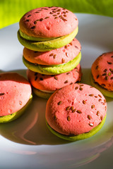 Multi-colored green and pink, bright cookies with two halves dressed with filling and sprinkled with sesame seeds on a white plate and on a bright salad background.