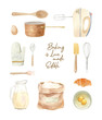 baking equipment illustration - frame, border - wooden spoon, kitchen mixer, milk pot,
