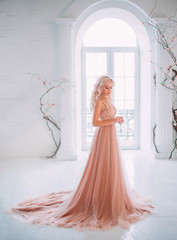 Wall Mural - beautiful elegant blond woman princess standing. Model in white interior classic vintage medieval room french window columns, black tree branches artificial flowers. Beige peach nude color long dress