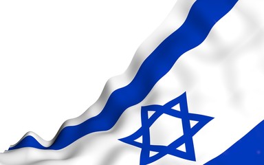 The flag of Israel. State symbol of the State of Israel. A blue Star of David between two horizontal blue stripes on a white field. 3d illustration