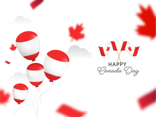 Sticker - Happy Canada Day Celebration Concept with Canadian Flags, Glossy Balloons and Blur Maple Leaves on White Background.