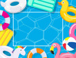Pool party frame with pool floats on swimming pool background - Vector illustration