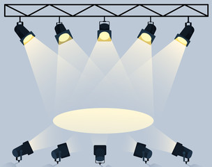 Wall Mural - flat spotlights with bright white light shining stage vector set. illuminated effect form projector,