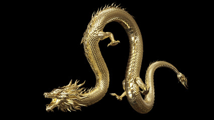 Wall Mural - full body gold dragon in bend body pose with 3d rendering include alpha path.
