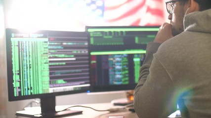 Programmer or hacker works at home in quarantine. Hacker code blinks of the monitor screen. Man writes code and programs. Internet online job. Self-isolation due to coronavirus