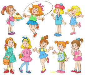 Poster - Group of little girls in different poses and with different objects . In cartoon style. Isolated on white background. Vector illustration.