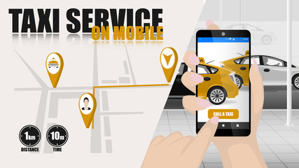 Wall Mural - Online taxi service concept. A man orders a taxi from his mobile phone.