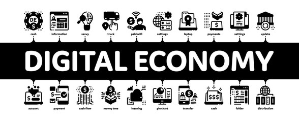 Poster - Digital Economy And E-business Minimal Infographic Web Banner Vector. Digital Economy And E-commerce, Idea Research And Cargo Delivery, Computer And Cell Phone Illustration