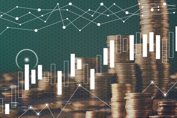 Poster - Wealth and prosperity. Stacked golden coins on green background, collage with financial graphs on transparent screen