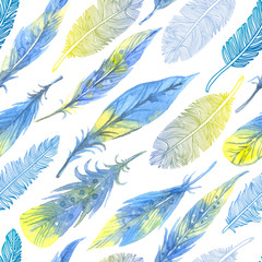  Watercolor seamless boho pattern with feathers. Hand Drawn Illustration on white background.
