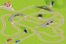Two Trains Travel On Intersecting Rails. Guess Which Train Will Arrive At The Station. Children's Game Riddle Picture.