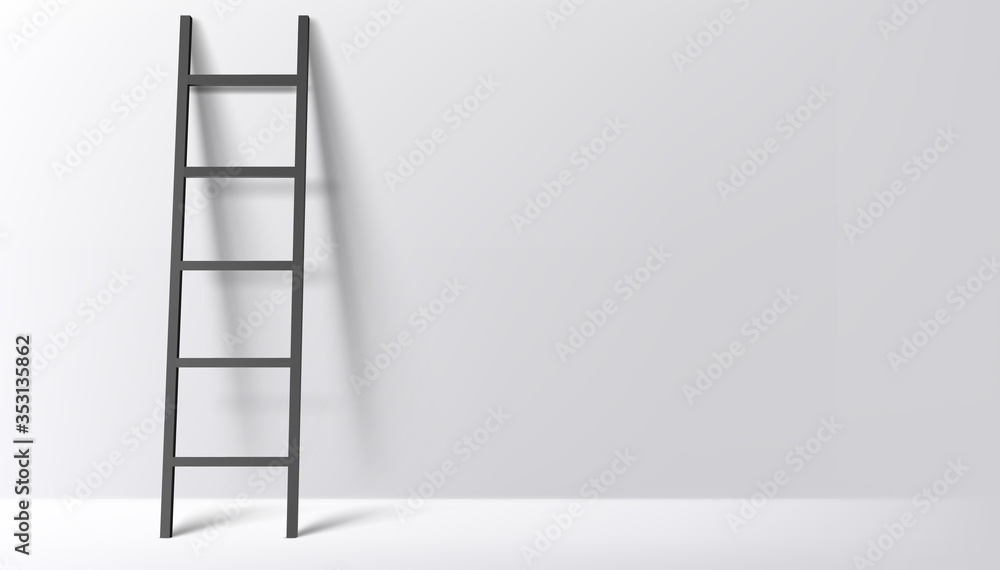 Black ladder on light grey wall background with shadow. Vector illustration - obrazy, fototapety, plakaty 