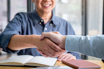 Aufkleber - Successful of business deal, Business partnership meeting and handshake after discussing good deal agreement and become a partner of trading contract and new projects for both companies