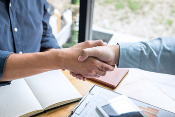 Aufkleber - Successful of business deal, Business partnership meeting and handshake after discussing good deal agreement and become a partner of trading contract and new projects for both companies