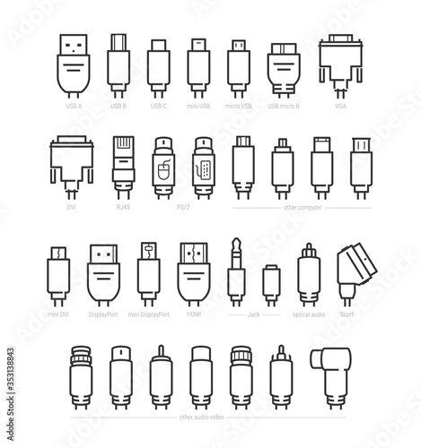Fotomural Audio, Video and Computer Cable Connectors Vector Icon Set in Outline Style