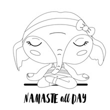 Amazing Cartoon Elephant Girl In Yoga Lotus Pose. Namaste All Day. Motivational And Inspirational Positive Quote Square Poster. Practicing Yoga. Vector Illustration. Young And Happy Woman Meditates.