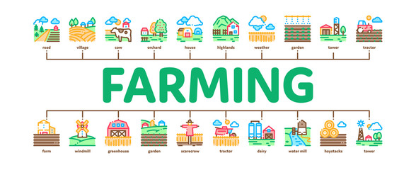 Farming Landscape Minimal Infographic Web Banner Vector. Farming Field And Barn Construction, Mill And Scarecrow, Tractor And Cow Farm Animal Illustration