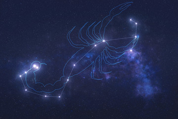 Wall Mural - Scorpio Constellation stars in outer space with shape of a scorpio in lines. Zodiac Sign Scorpio constellation lines. Elements of this image were furnished by NASA