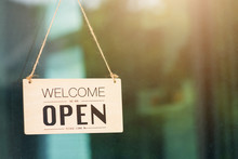 WELCOME WE ARE OPEN PLEASE COME IN Notice Sign Wood Board Label Hanging Through Glass Door