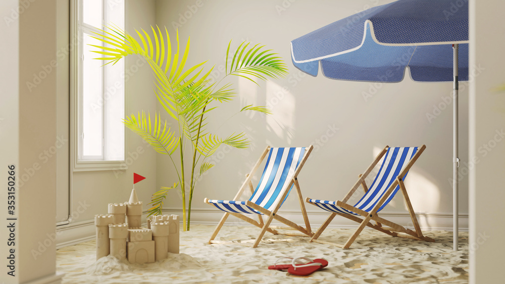 Sand vom Strand mit Liegestuhl zu Hause als Urlaub Konzept - obrazy, fototapety, plakaty 