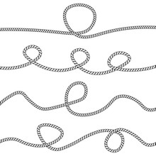 Set Of Different Black Rope Elements And Knots Flat Style, Vector Illustration Isolated On White Background. Collection Of Marine Knots And Wavy Or Straight Cord String And Round Frame And Loop