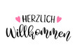 Hand sketched Herzlich Willkommen quote in German. Translated Welcome. Lettering for poster, flyer, header, card, advertisement, announcement..