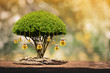 © Watchara - Stacking coins and golden money bag of tree with growing put on the wood on the morning sunlight in public park, Saving money and loan for business investment concept.