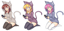 Set Cute Gamer Anime Girl In Hoodie Holding Gamepad Playing Videogames 