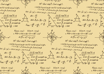 Wall Mural - Vector seamless pattern with trigonometric formulas and equations on kraft paper. Old college math notation. Educational and scientific vintage background.