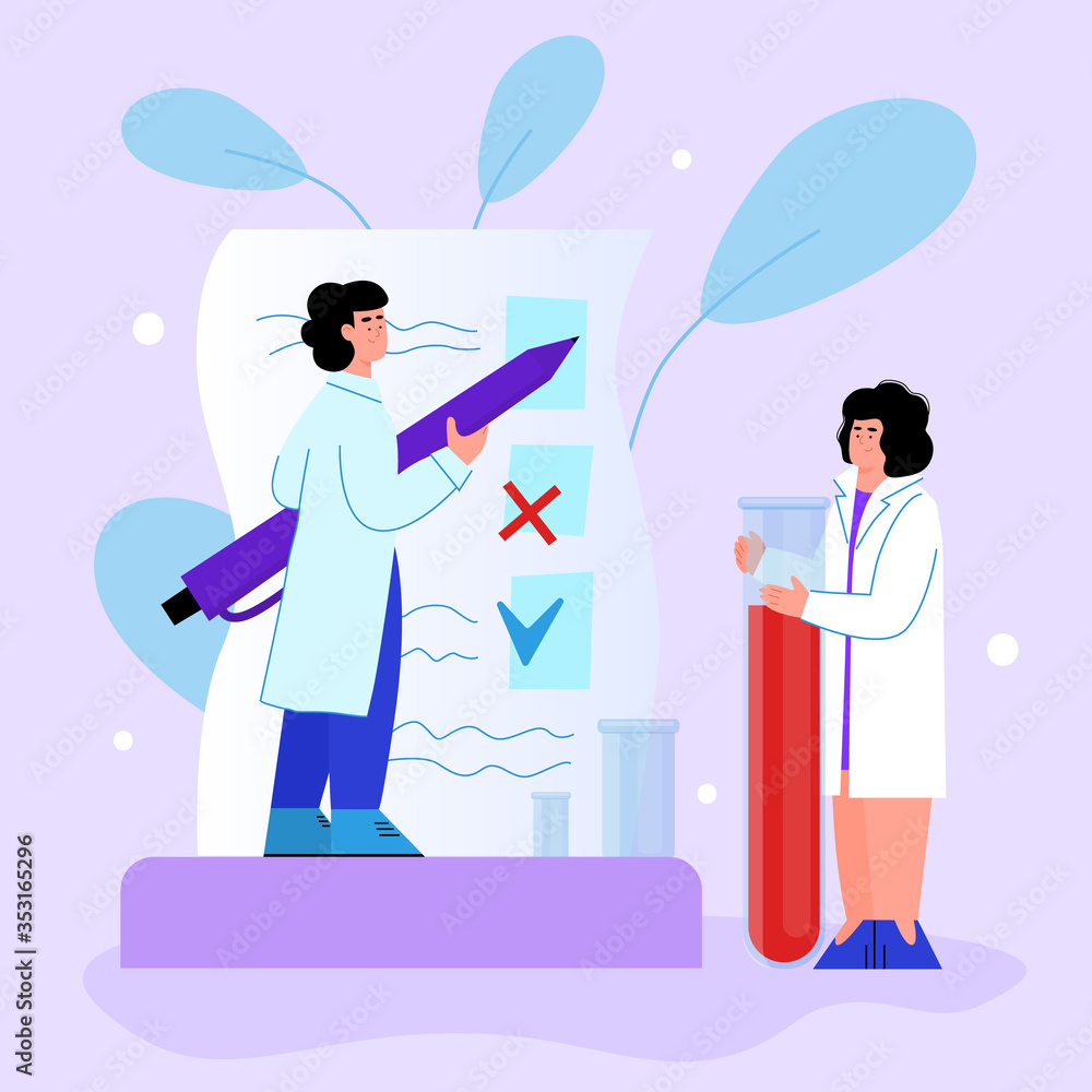Blood test and hematology research with doctors cartoon vector ...