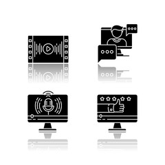 Poster - Videography drop shadow black glyph icons set. Web conference. Live broadcasting. Internet blogging. Product review video. Music recording. Isolated vector illustrations on white space