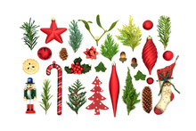 Collection Of Winter Greenery And Symbols Of Christmas