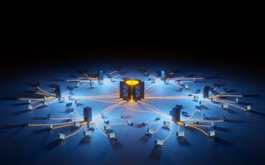 Cloud computing, network infrastructure. Computer workstations connected to data center. Digital 3D render concept.