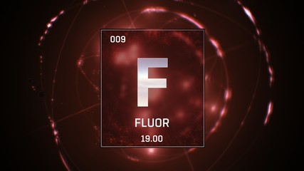 3D illustration of Fluorine as Element 9 of the Periodic Table. Red illuminated atom design background orbiting electrons name, atomic weight element number in German language