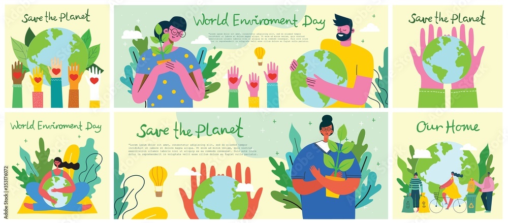 Big set of world environment day posters with people holding earth globe. Protect environment green eco concept. Green and peaceful illustration in modern flat style. - obrazy, fototapety, plakaty 