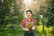 Portrait farmer female wearing gloves harvest holding durian in durians orchard. Asian woman farmer with durian fruit.