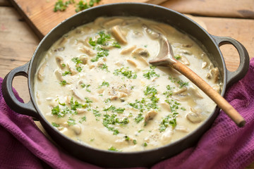 Mushroom, white wine, thyme, parsley, garlic, blue cheese, cream steak sauce