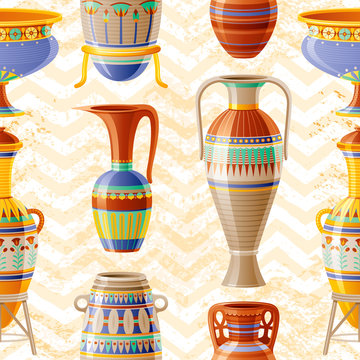 Vase pattern. Pottery Seamless vector background with old clay Pot, Oil Jug, Urn, Amphora, Glass, Jar, Vase. Ancient Egyptian pattern. Antique ceramic art. Cartoon ethnic vintage decor on zig zag