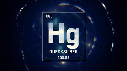 3D illustration of Mercury as Element 80 of the Periodic Table. Blue illuminated atom design background with orbiting electrons name atomic weight element number in German language