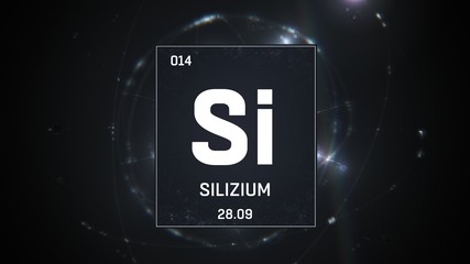 Canvas Print - 3D illustration of Silicon as Element 13 of the Periodic Table. Silver illuminated atom design background orbiting electrons name, atomic weight element number in German language