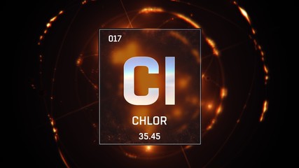 Poster - 3D illustration of Chlorine as Element 17 of the Periodic Table. Orange illuminated atom design background orbiting electrons name, atomic weight element number in German language