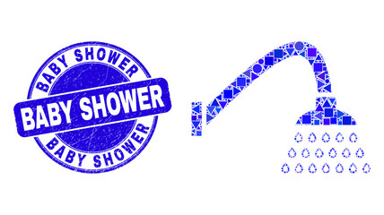 Sticker - Geometric shower mosaic icon and Baby Shower seal stamp. Blue vector rounded textured seal stamp with Baby Shower text. Abstract collage of shower organized of spheric, tringle,