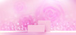 © TripleP Studio - Cosmetic background for product, branding and packaging presentation. geometry form square molding on podium stage with shadow of rose glitter particles background. vector design.