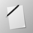Pen and paper sheet. Blank white paper sheet and ballpoint pen top view mockup. Write message, letter or note realistic vector template