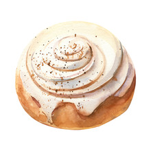 Cinnabon, Cinnamon Roll On An Isolated White Background, Watercolor Illustration