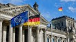 Leinwandbild Motiv Deutsches Parlamentsgebäude, Reichstag von außen,
Deutschland Fahne, Europa Fahne, Bundestag